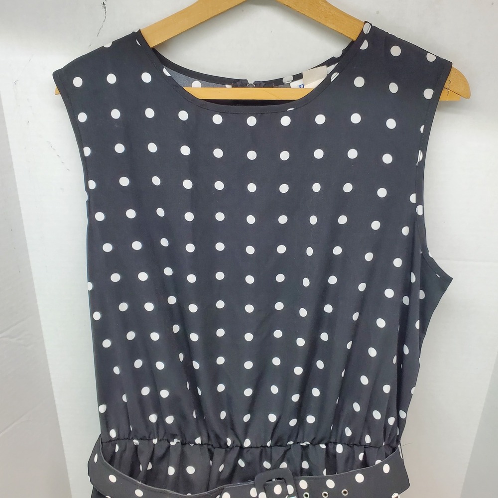 Blair Womens Black White Polka Dot Sleeveless Belted Midi Dress Large Pin-up